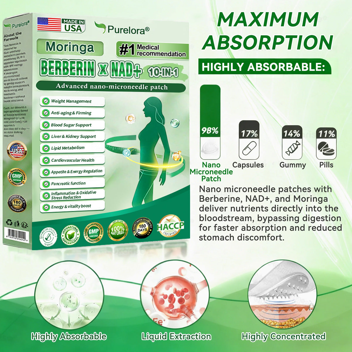 🏥FDA Certified| Purelora® Moringa Berberine × NAD⁺ 10-in-1 Nano Microneedle Patch (Just once daily, visible changes in 7 days) ✅ Supports weight management, loose skin, diabetes care, sleep apnea, joint comfort, and more2
