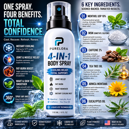 🔥 PURELORA® 4-in-1 Body Spray — Joint Relief · Fat Burn · Wart Remover · Instant Cooling Mist | Menthol + Salicylic Acid + Caffeine + Tea Tree | FSA/HSA Eligible