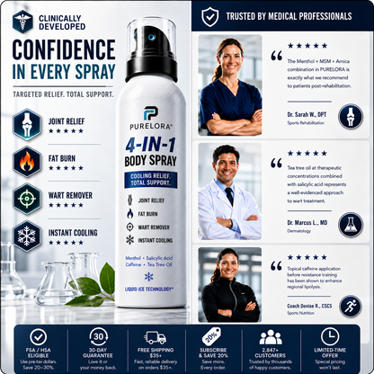 🔥 PURELORA® 4-in-1 Body Spray — Joint Relief · Fat Burn · Wart Remover · Instant Cooling Mist | Menthol + Salicylic Acid + Caffeine + Tea Tree | FSA/HSA Eligible