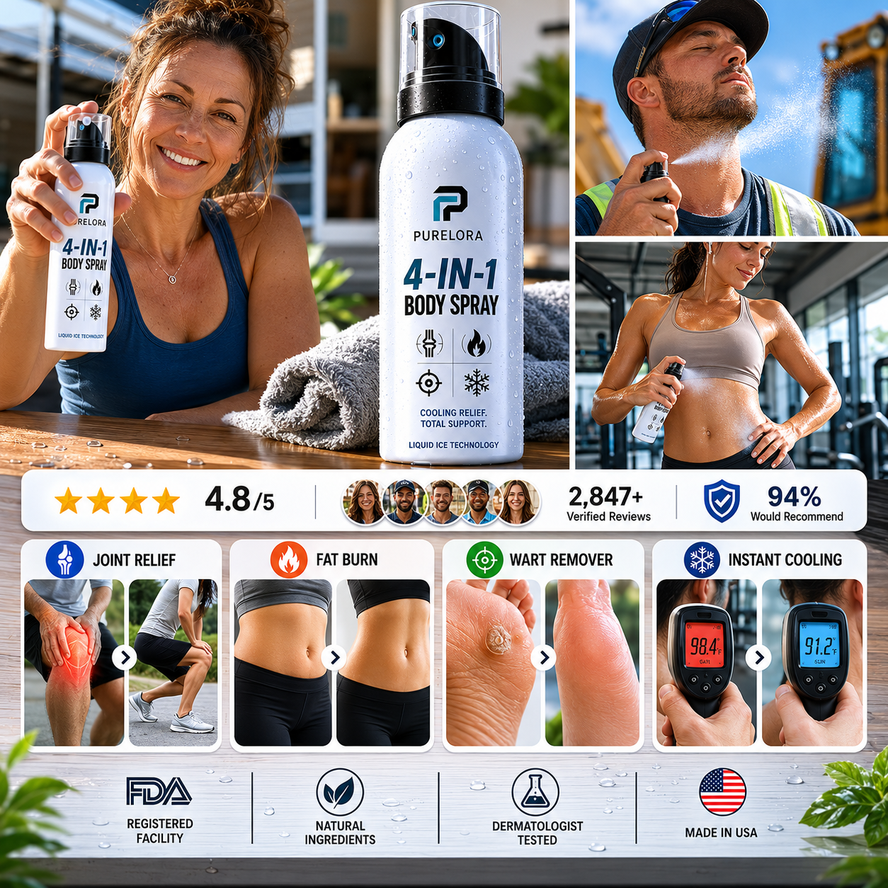 🔥 PURELORA® 4-in-1 Body Spray — Joint Relief · Fat Burn · Wart Remover · Instant Cooling Mist | Menthol + Salicylic Acid + Caffeine + Tea Tree | FSA/HSA Eligible