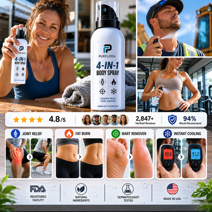 🔥 PURELORA® 4-in-1 Body Spray — Joint Relief · Fat Burn · Wart Remover · Instant Cooling Mist | Menthol + Salicylic Acid + Caffeine + Tea Tree | FSA/HSA Eligible