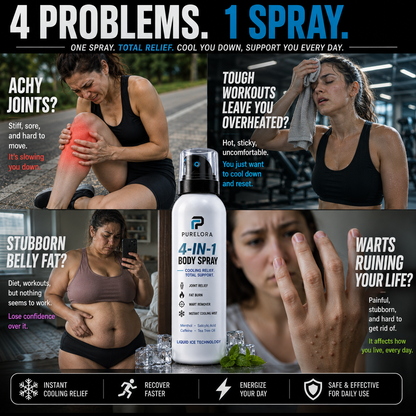 🔥 PURELORA® 4-in-1 Body Spray — Joint Relief · Fat Burn · Wart Remover · Instant Cooling Mist | Menthol + Salicylic Acid + Caffeine + Tea Tree | FSA/HSA Eligible
