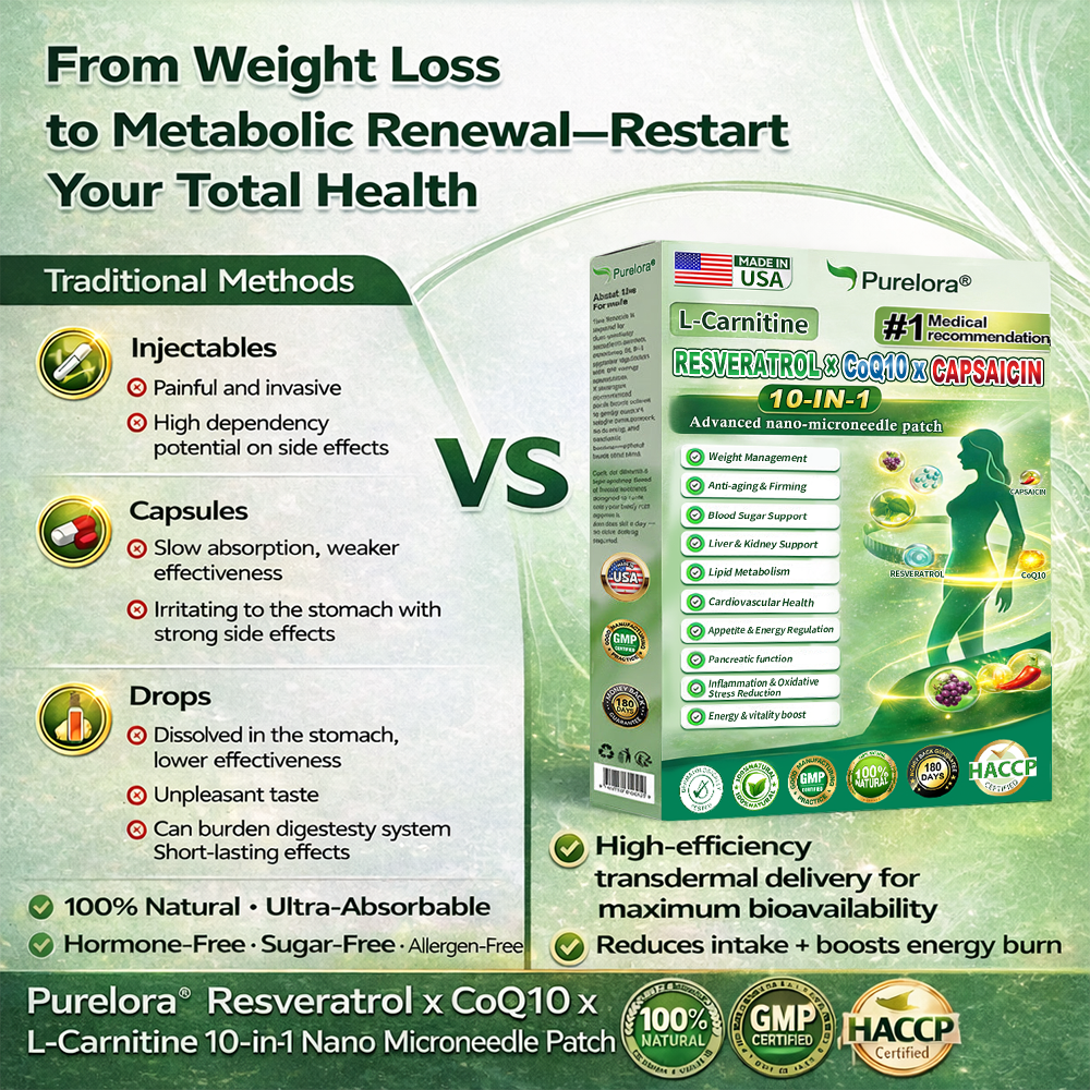 🔥New arrivals: 80% off | Purelora® L-Carnitine Resveratrol × CoQ10 × CAPSAICIN 10-in-1 Nano Microneedle Patch (Just once daily, visible changes in 7 days) ✅ Supports weight management, skin firmness, energy metabolism, cardiovascular health, fat burning