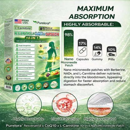 🔥New arrivals: 80% off | Purelora® L-Carnitine Resveratrol × CoQ10 × CAPSAICIN 10-in-1 Nano Microneedle Patch (Just once daily, visible changes in 7 days) ✅ Supports weight management, skin firmness, energy metabolism, cardiovascular health, fat burning