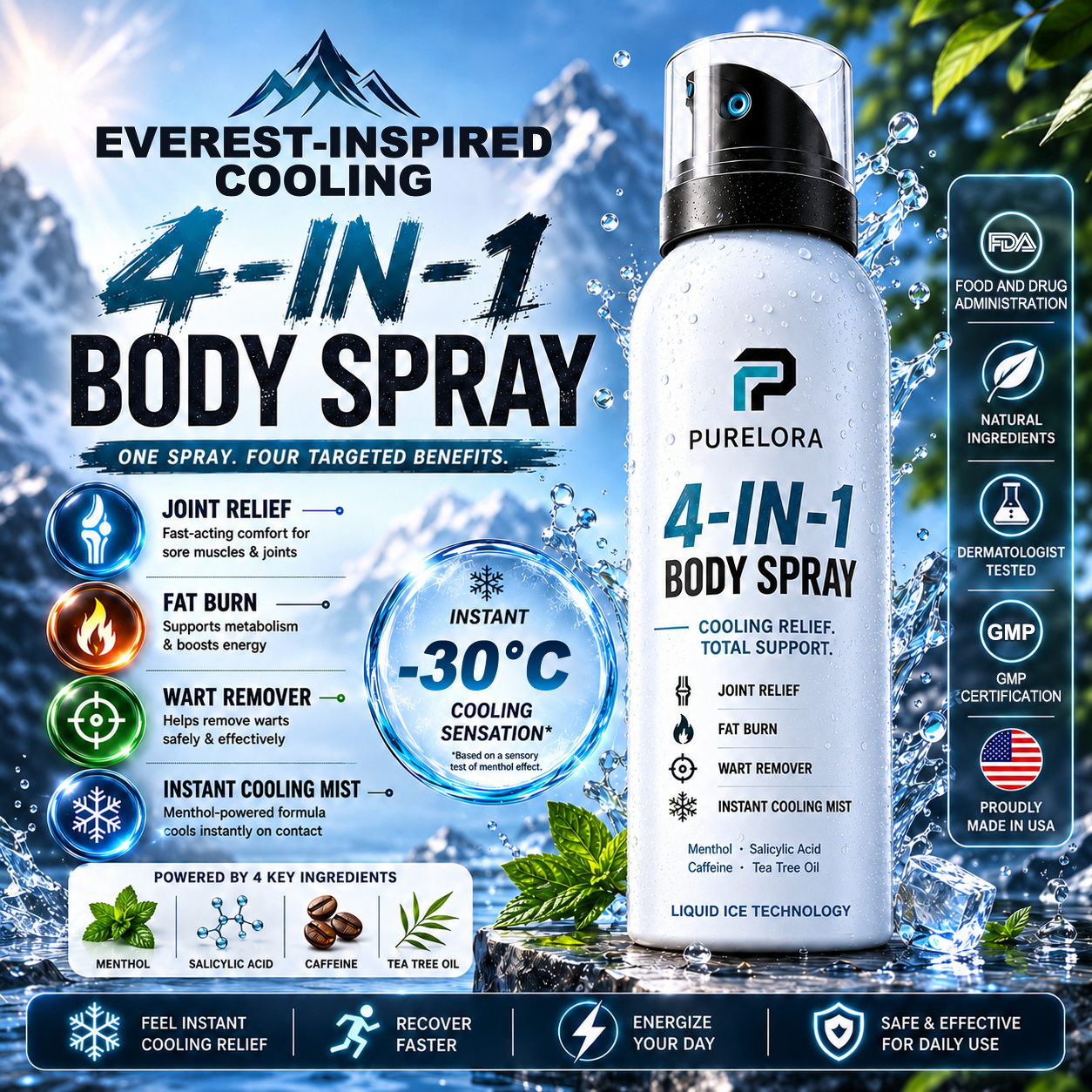 🔥 PURELORA® 4-in-1 Body Spray — Joint Relief · Fat Burn · Wart Remover · Instant Cooling Mist | Menthol + Salicylic Acid + Caffeine + Tea Tree | FSA/HSA Eligible