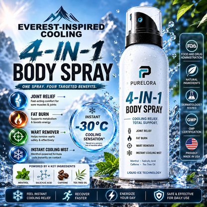 🔥 PURELORA® 4-in-1 Body Spray — Joint Relief · Fat Burn · Wart Remover · Instant Cooling Mist | Menthol + Salicylic Acid + Caffeine + Tea Tree | FSA/HSA Eligible